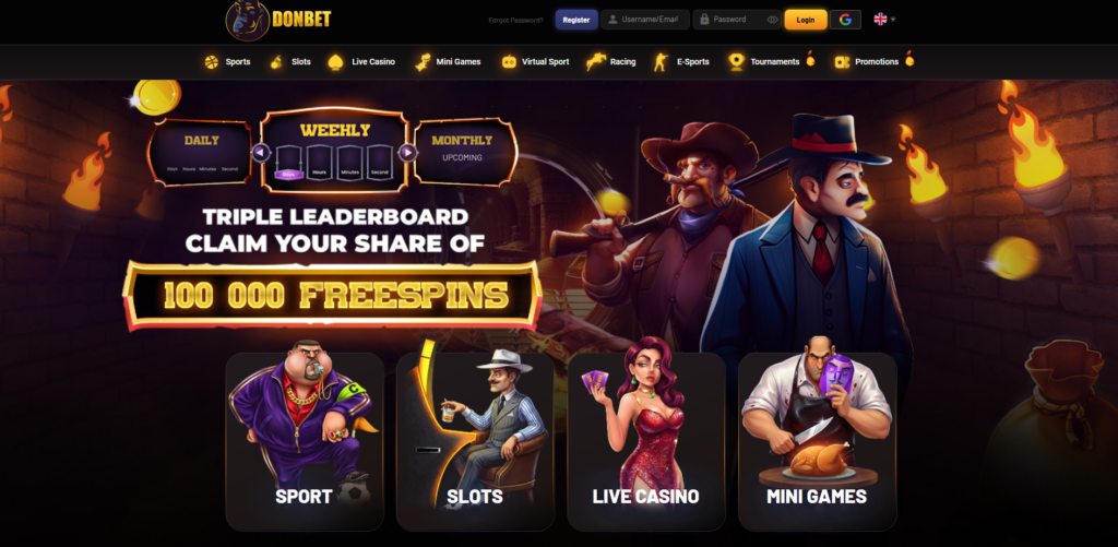 DonBet homepage displaying Italian mafia theme with casino and sportsbook sections